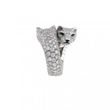 Bague semi-rigide Cartier Panthère Lakarda en or blanc, diamants et émeraudes