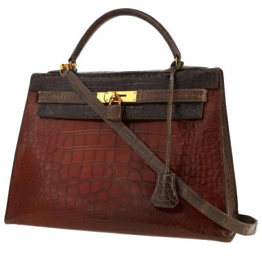 Sac à main Hermès  Kelly 32 cm en alligator tricolore marron étoupe et cognac