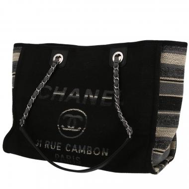 Sac cabas Chanel  Deauville en toile noire et grise